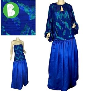 VICTOR COSTA VINTAGE 1980'S BLUE & GREEN "PEACOCK" DRESS W/COVER (14)